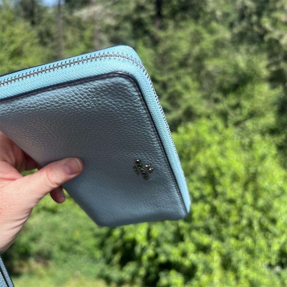 COACH Long Zip-Around Light Blue Pebble Leather Wallet Silver Hardware AUTHENTIC - Picture 9 of 13